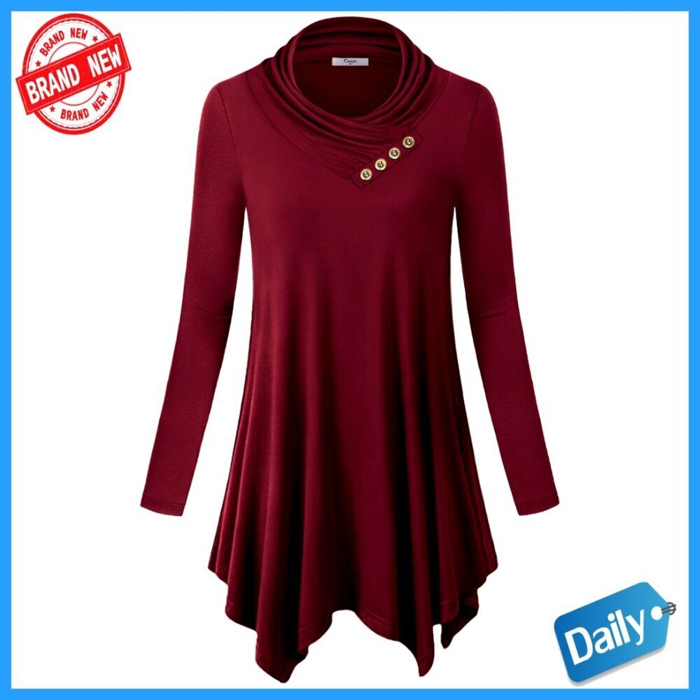 Long Sleeve Cowl Neck Tunic Top Asymmetrical Hem Flowy Relaxed Fit